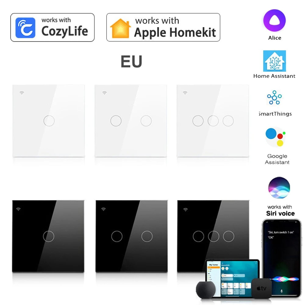 

Умный домашний комплект 1/2/3 Gang, сенсорный выключатель европейского стандарта, беспроводной пульт дистанционного управления Alexa Home, голосовое управление, работает с Google Assistant