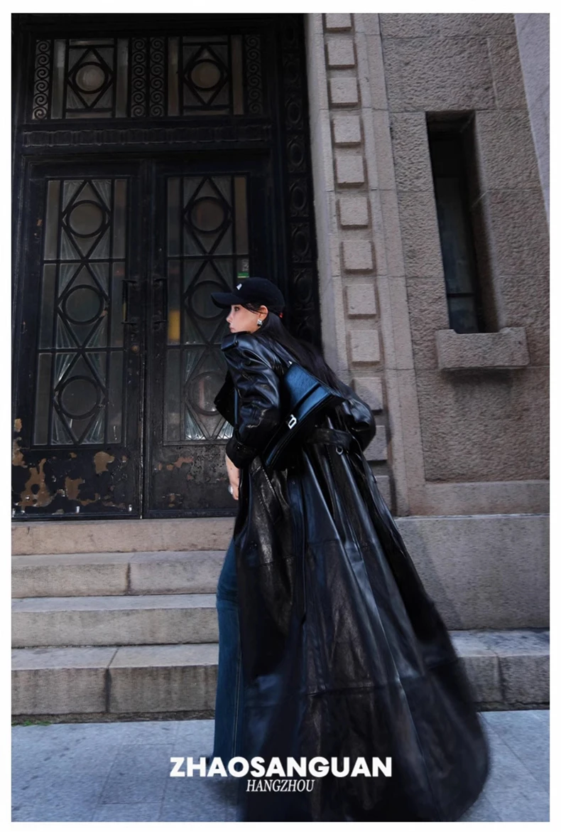 Lautaro Spring Autumn Cool Extra Long Black Loose Pu Leather Trench Coat for Women with Shoulder Pads Belt European Fashion 2024