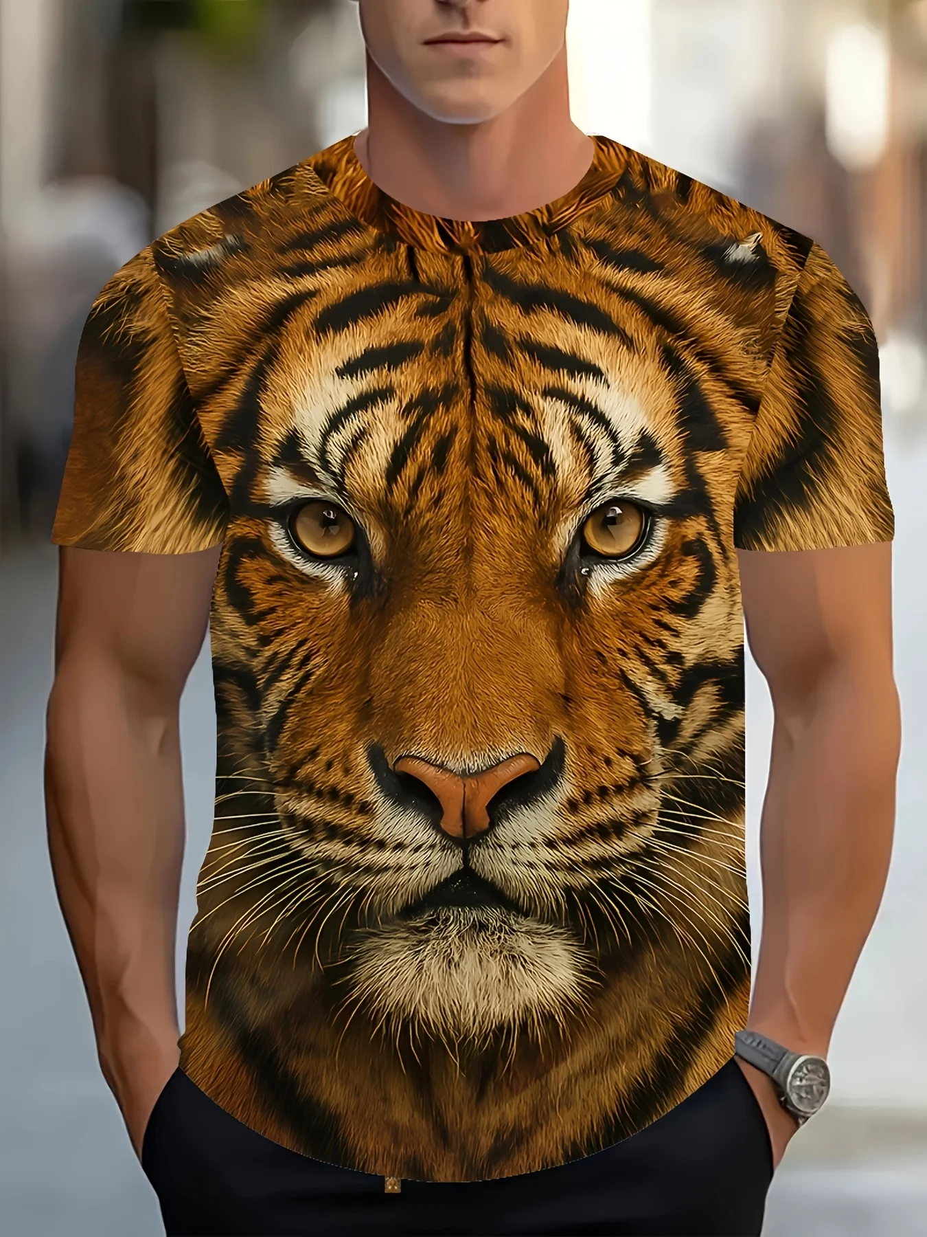 T-shirt pour homme avec imprimé intégral réaliste de tête de tigre en 3D, marron, animal sauvage, col rond, manches courtes
