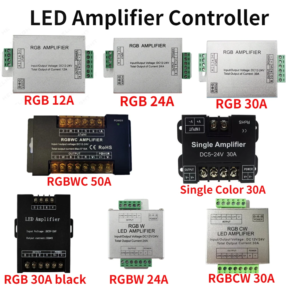 LED Amplifier Controller 1CH/3CH/4CH/5CH 12A/24A/30A/50A for Single Color/RGB/RGBW/RGBWW RGB+CCT Strip Power Repeater DC5/12/24V