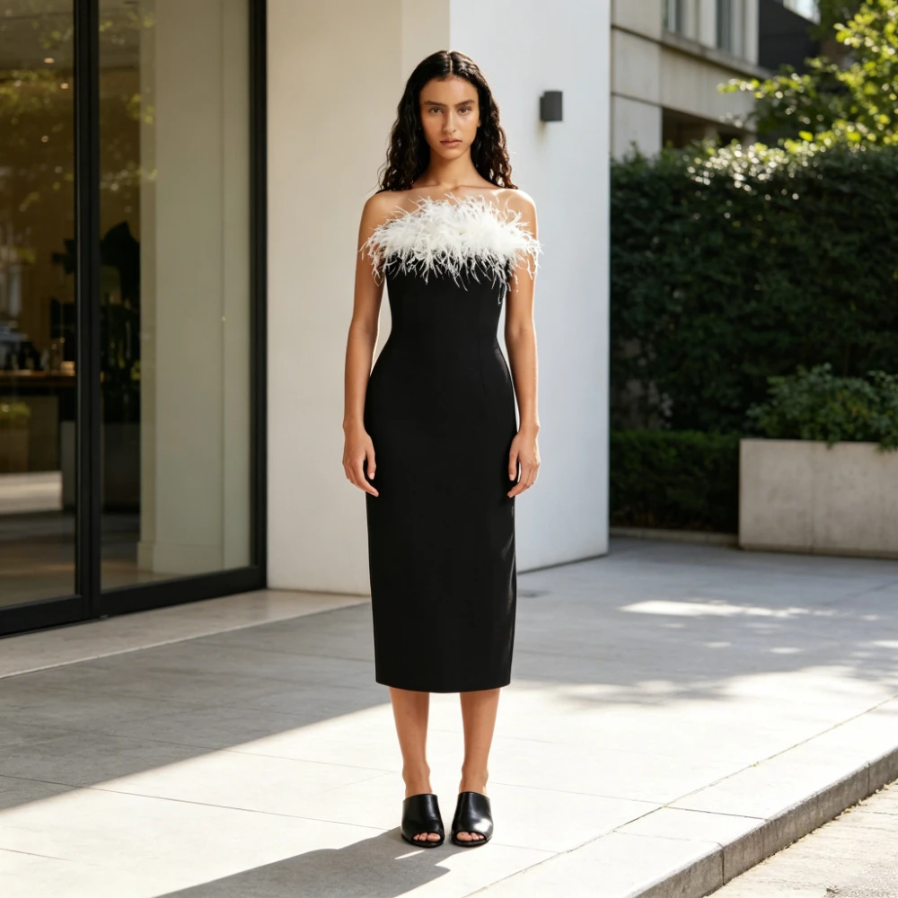 

Modern Style Jersey Straight Strapless Prom Gown Customized Black Sleeveless Party Dresses with Feather Evening Dress New