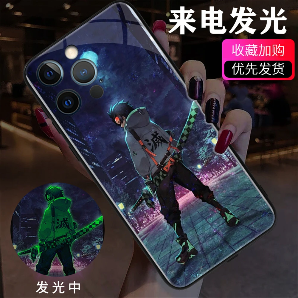 

LED Flash Light Luminous Bling Shockproof Tempered Glass Night Phone Case Amine Bags Shell Cover For Samsung S23 S21 S22 Ultra