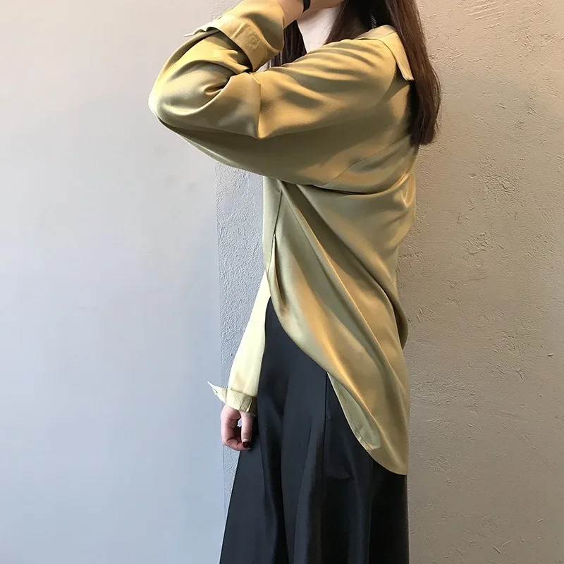 Vintage V Neck Satin Blouse for Women, Long Sleeves, Casual Fashion Tops, Elegant Shirts, Sexy, Spring, Summer, 5273