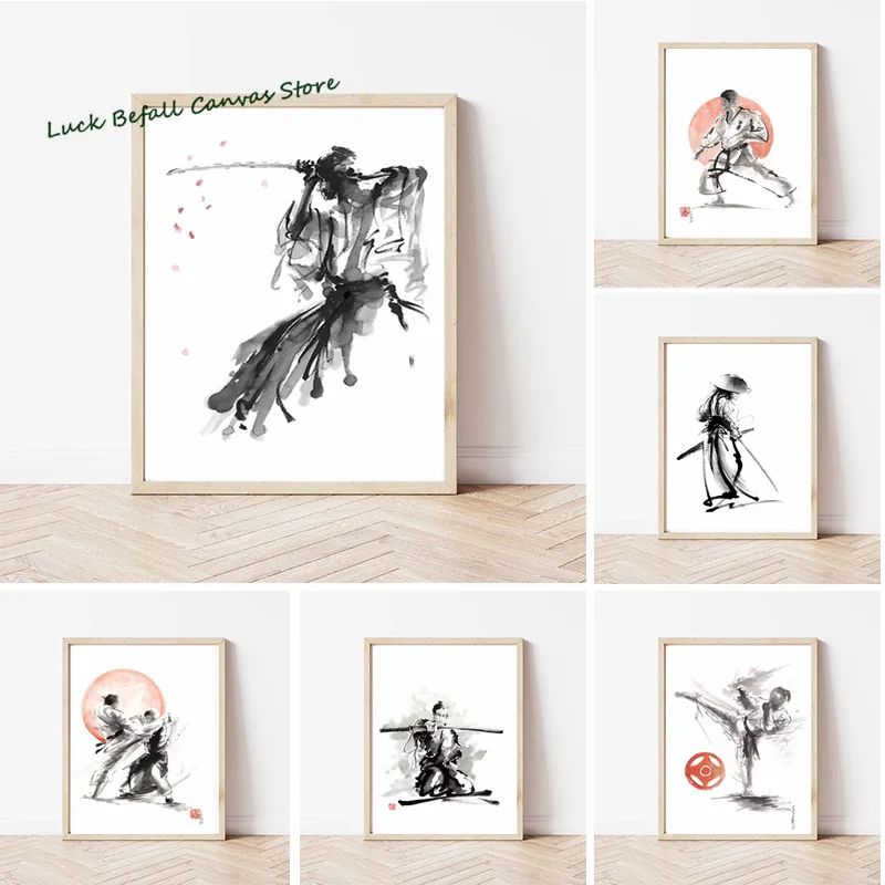 Japanese Minimalist Black Shotokan Samurai Karate Art Ink Canvas Painting Posters and Prints Wall Pictures for Living Room Decor