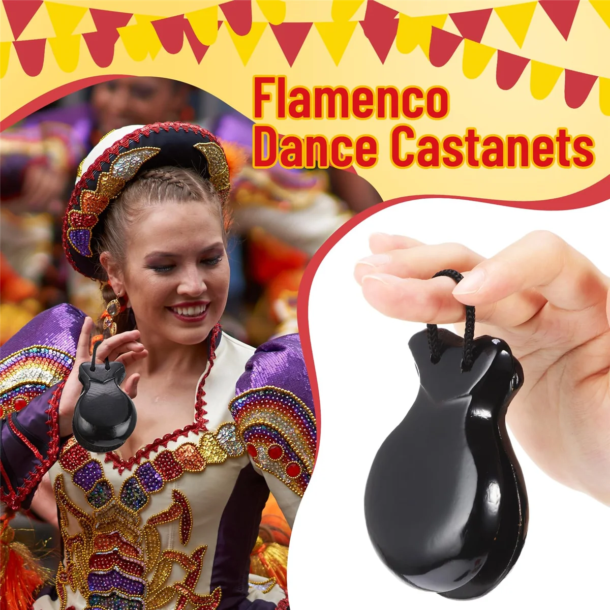 1 Paar Spaanse Castagnetten Flamenco Castagnetten Met Snaar Traditionele Houten Handpercussie Castagnetten (Zwart)