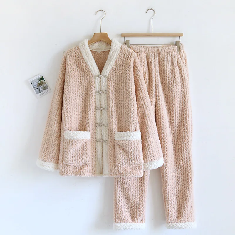 Autumn Winter Vintage Coral Fleece Pajamas Women Thickened Flannel Warm Home Clothes Set Solid Color Long Sleeved Pants Set