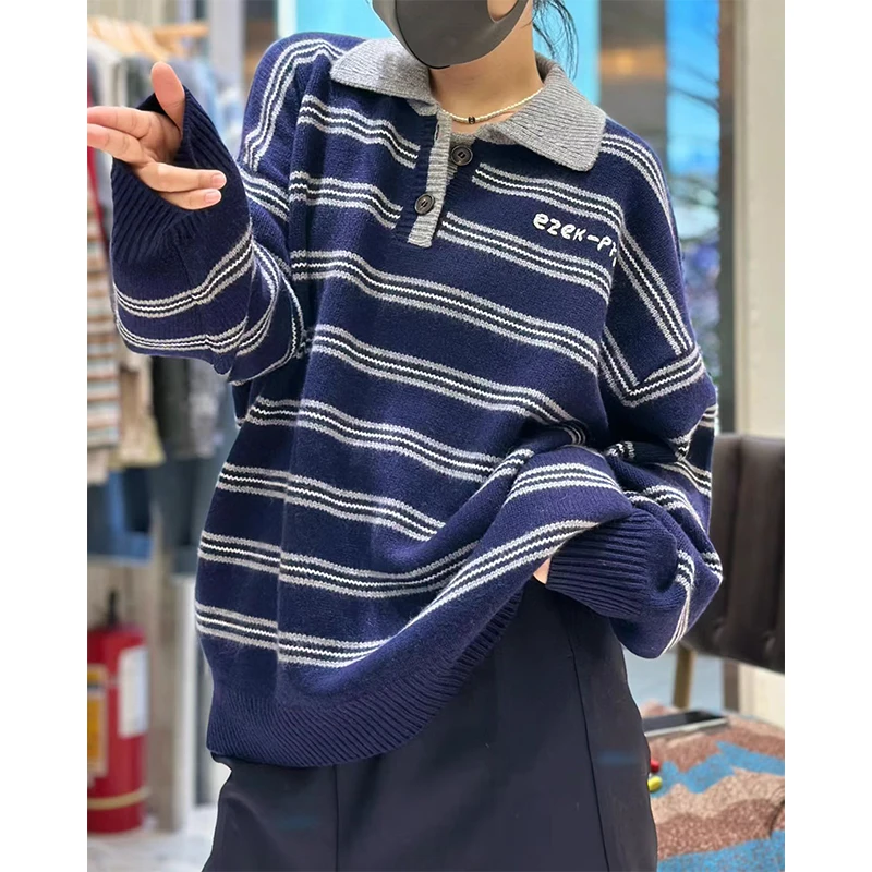 Cashmere sweater for women, 100 pure cashmere blue striped polo lapel, retro loose thickened knitted sweater coat