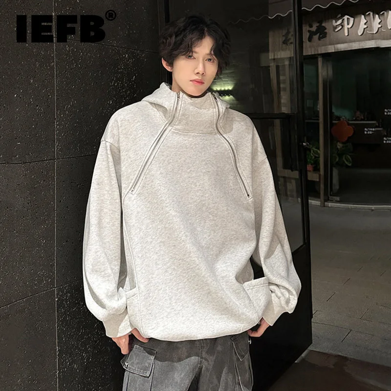 IEFB Niche Design Men's Sweatshirts Casual Hooded Double Zippers Solid Color Thickened Fleece Loose Autumn Male Hoodies 9C8690