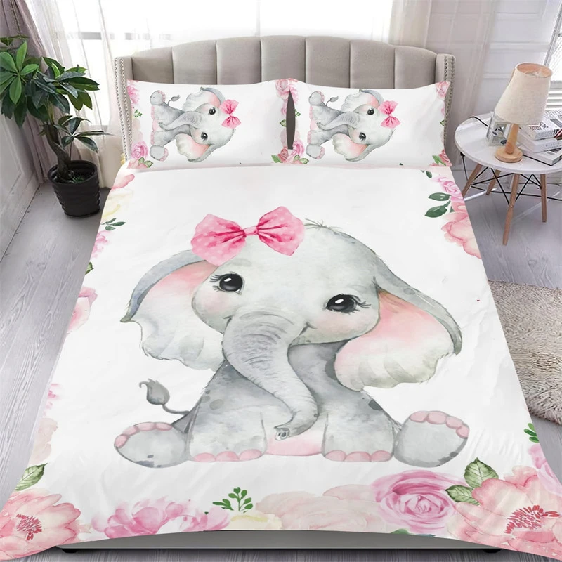 Lovely Baby Elephant Flowers Duvet Cover Set Cute Cartoon Animals Bedding Set Giraffe Quilt Cover Twin Full For Girls Boys Gift