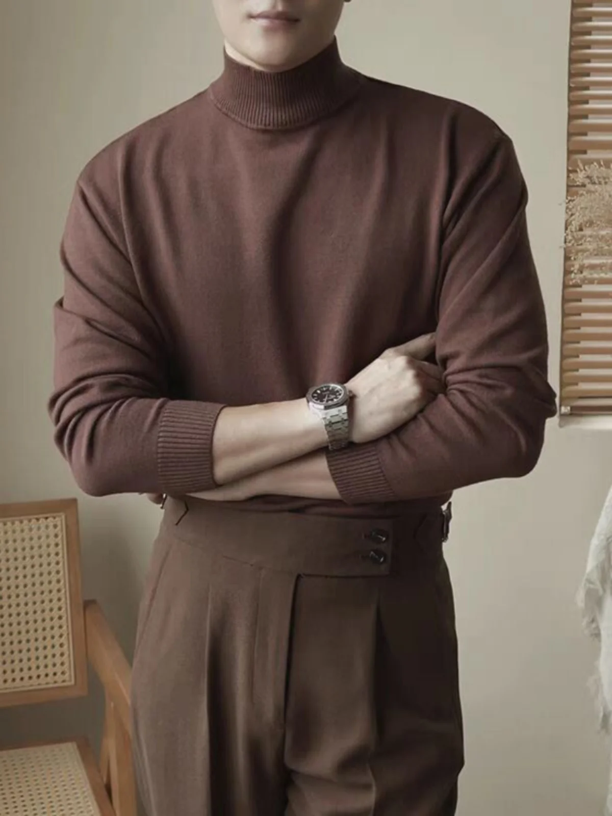 

Мужской приталенный вязаный свитер с длинным рукавом из высококачественной шерстяной пряжи, с высоким воротником, тонкий, теплый базовый слой