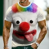 Men's 3D Fluffy Monster Clown Face Print T-Shirt Funny Cartoon Expression Graphic Casual Crew Neck Short Sleeve Top