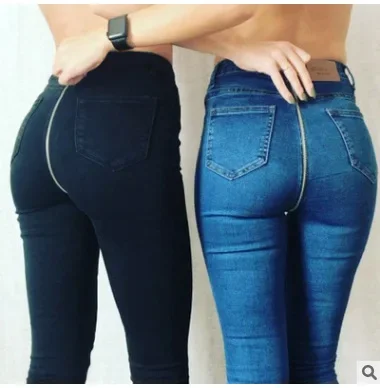 Women Jeans Mid Waist Pencil Pants Denim Sheath Ankle Length Washing Slim Fit Sexy Pockets Solid High Waist Fake Zippers