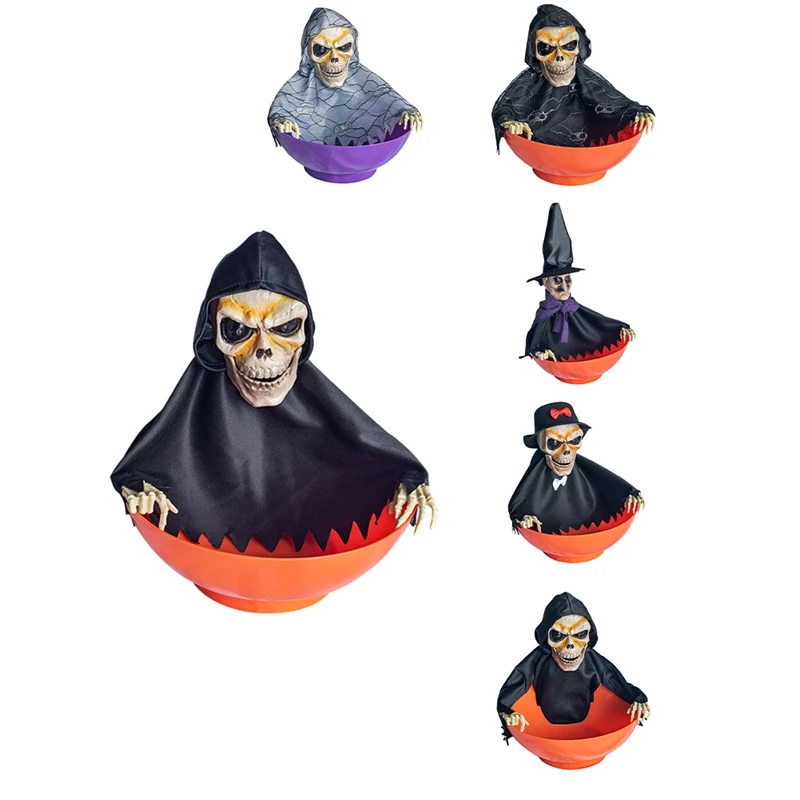 A74E-Halloween Tigela de doces Prato de doces com movimento Tigela de doces de Halloween Tigelas de frutas fantasmas com olhos iluminados e som assustador