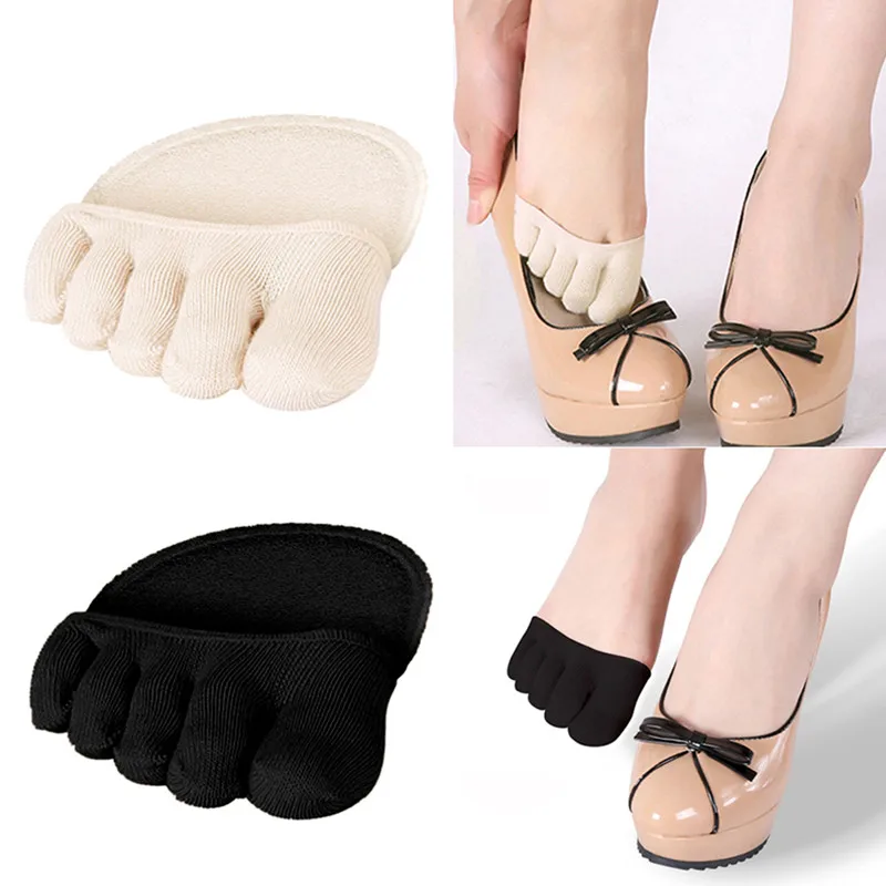 1Pair Women Socks Anti-slip Lining Open Toe Heelless Liner Sock Invisible Forefoot Cushion Foot Pad Cotton Socks