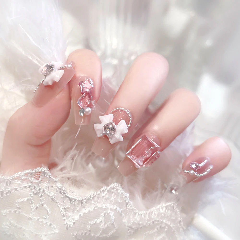 24Pcs Ballerina Square False Nails Wearable Butterfly Flower Design Fake Nails Tips Full Cover Acrylic Coffin Press On Nails