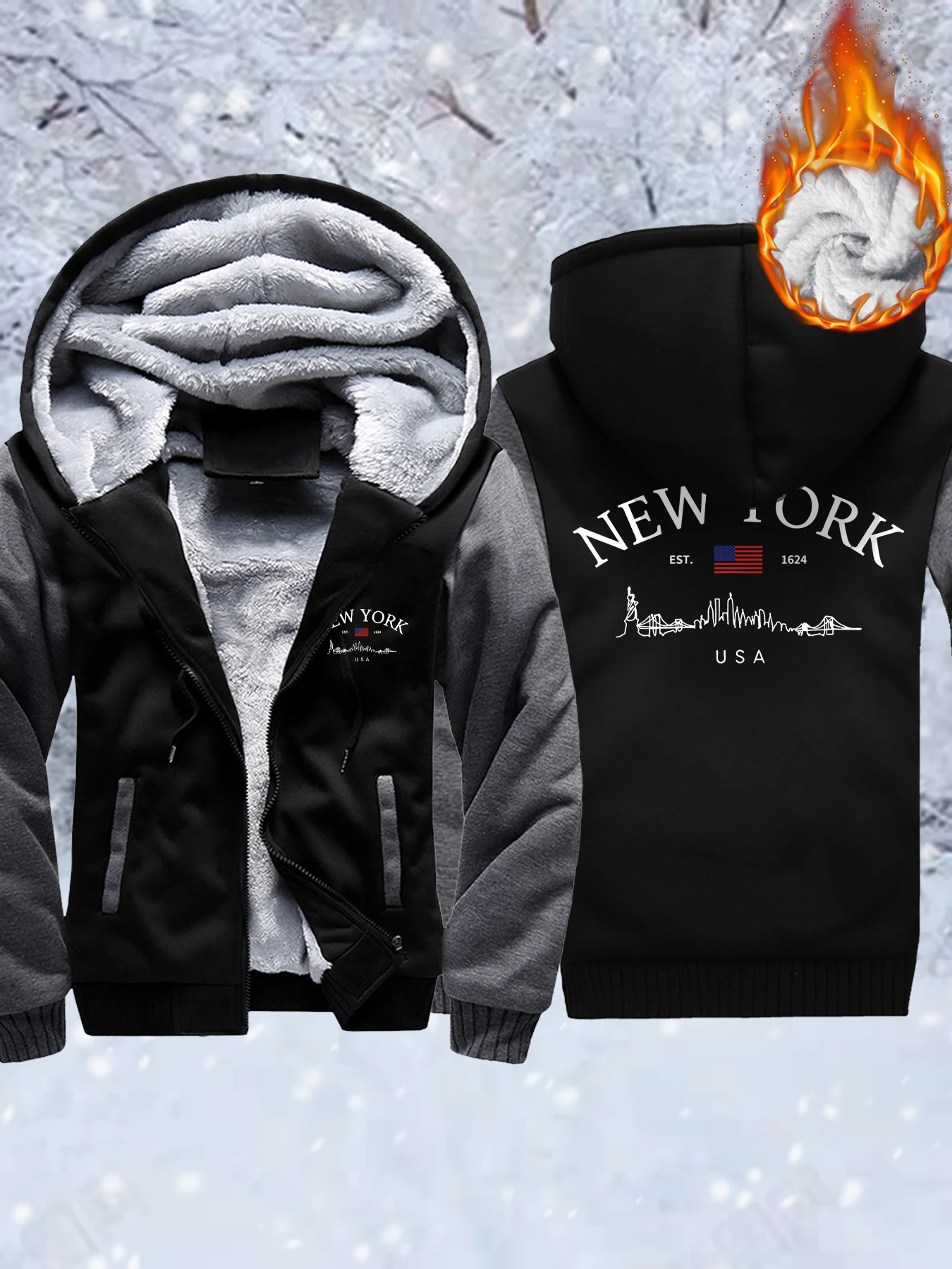 

New York Usa Simple Prints Men Fleece Soft Jacket Zip-Up Pocket Veste Thicken Warm Hoody Winter Comfy Outwear Fashion Tops