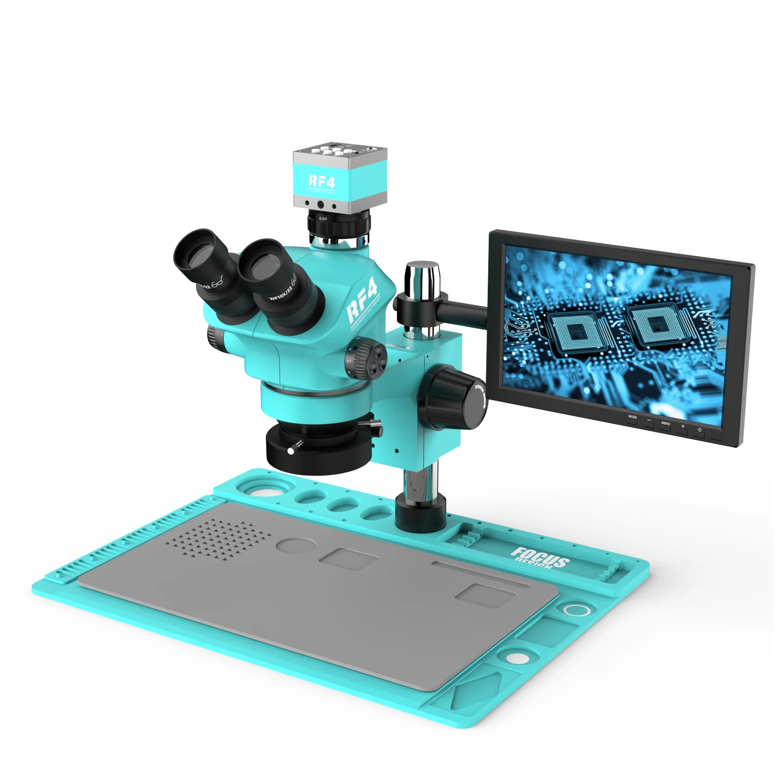 RF4 RF-7050TVD2-2KC2-S010 360-degree Swiveling Trinocular Eyepiece Microscope with 10inch Monitor for Mobile Phone Repair