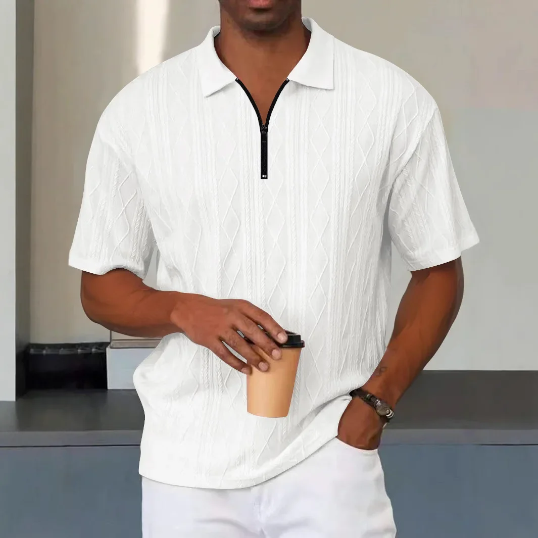 Retro Loose Texture Knitted Polo Shirt Men's Summer Retro Lapel T-shirt Breathable Zipper Short Sleeve