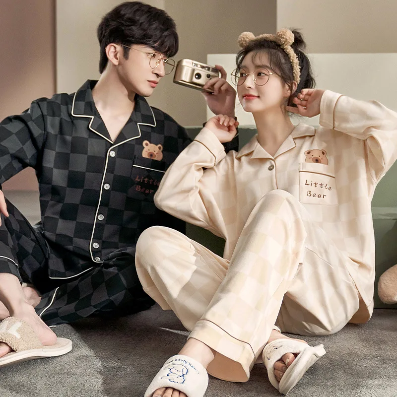 Couple Pajamas Cartoon Bear Cardigan Long Sleeve Long Pants Men Women Home Clothing Can Be Worn Out Set Soft Plaid Cute