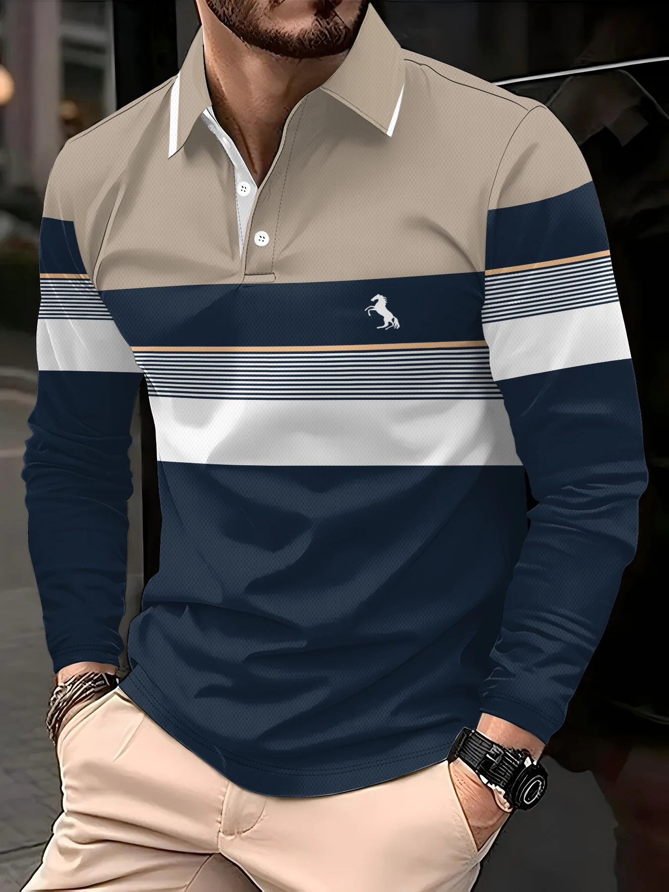 Men's Polo shirts for autumn and winter with fashionable buttons featuring daily stripe patterns long-sleeved Polo shirts