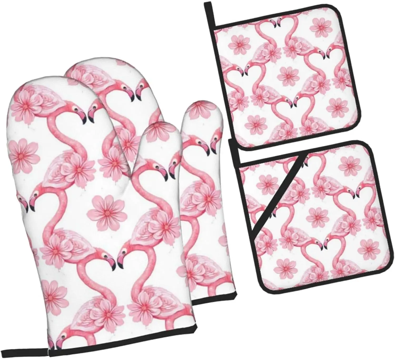 4 قطع من قفازات فرن طيور النحام الاستوائية والحاملي، قفاز فرن المطبخ مع حاملات الأواني، قفازات غير قابلة للانزلاق حرارة عالية #2