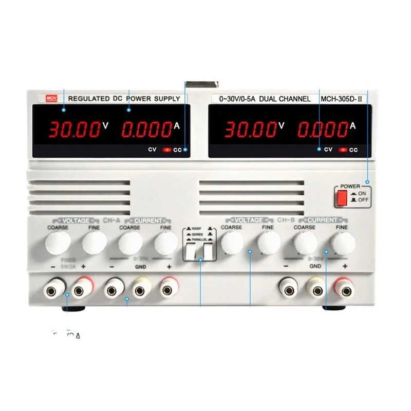 

Dual Channel Output Regulated DC Power Supply Variable 0-30V 0-5A Adjustable Voltage Supply MCH-305D-II