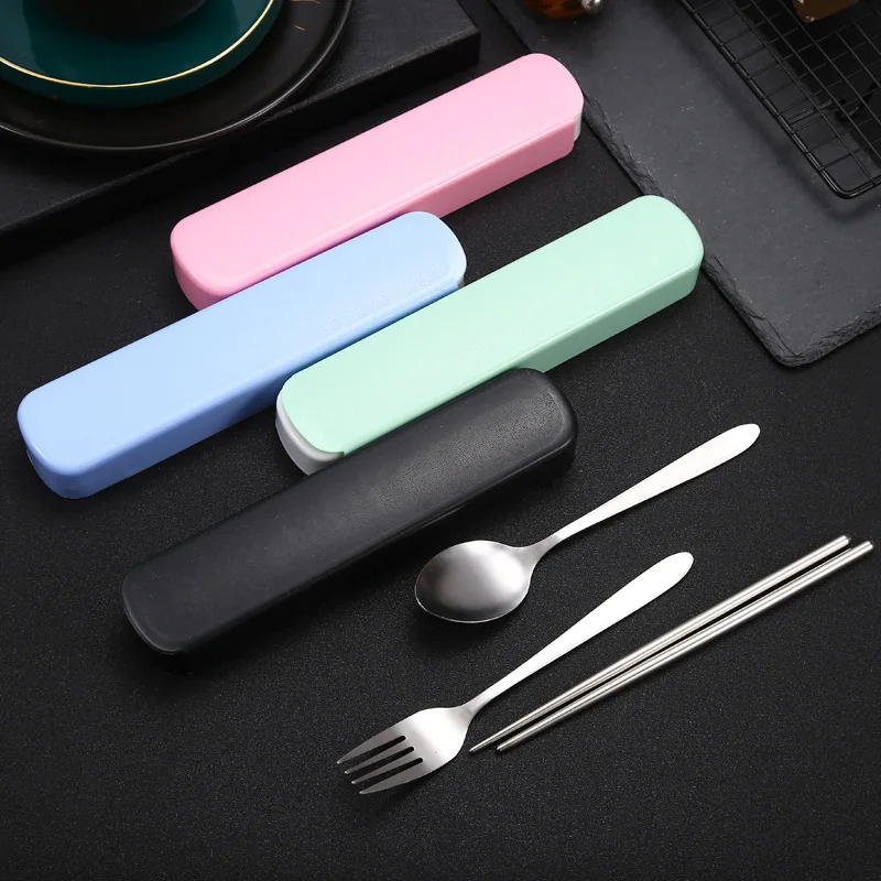 Travel Camping Tableware 3-piece Set Portable Tableware Stainless Steel Chopsticks Spoons Forks Steak Knives with Storage Box