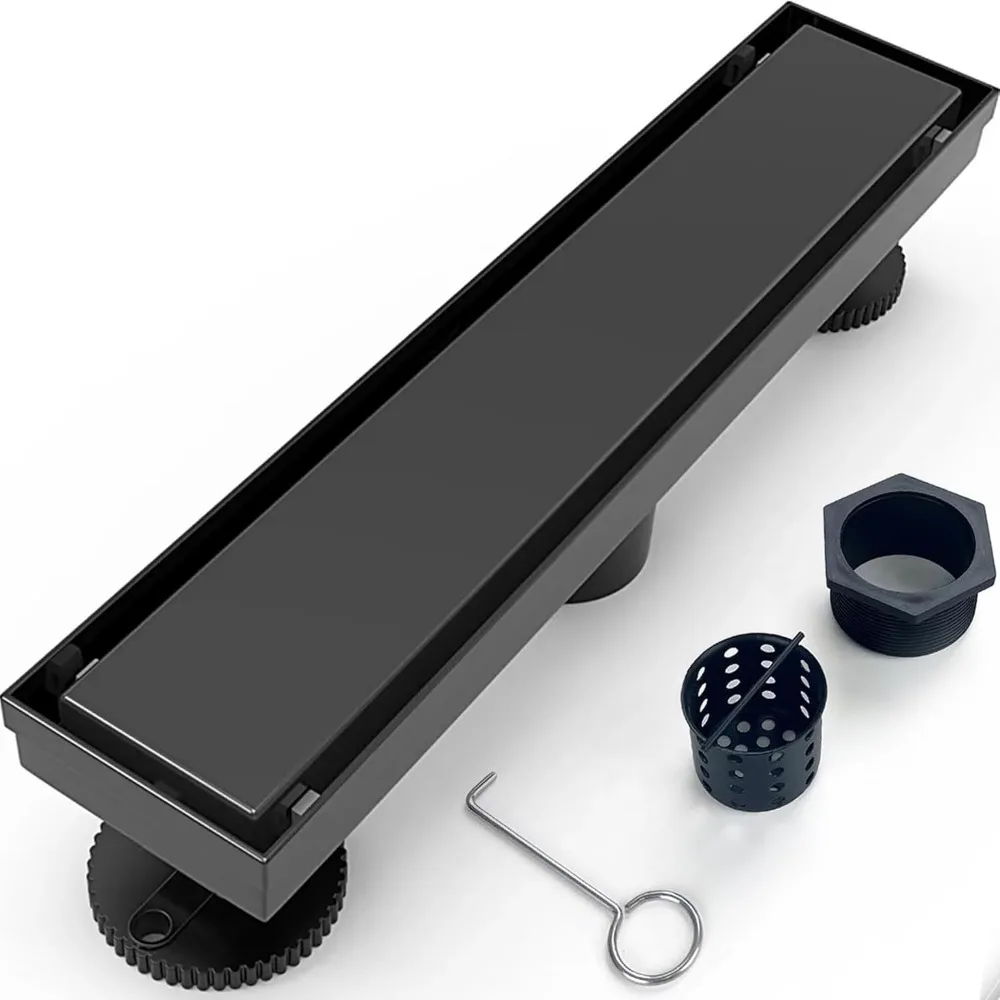 

Линейный матовый черный напольный слив 12 дюймов из нержавеющей стали 304 с вставкой для плитки и сеткой для волос, для ванной и кухни, простая установка