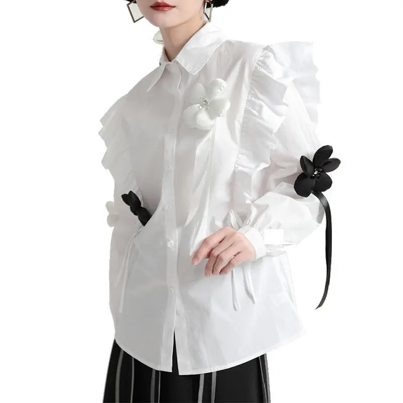 2024 new three-dimensional small flower lotus edge design shirt women's lapel draw rope to show thin white top