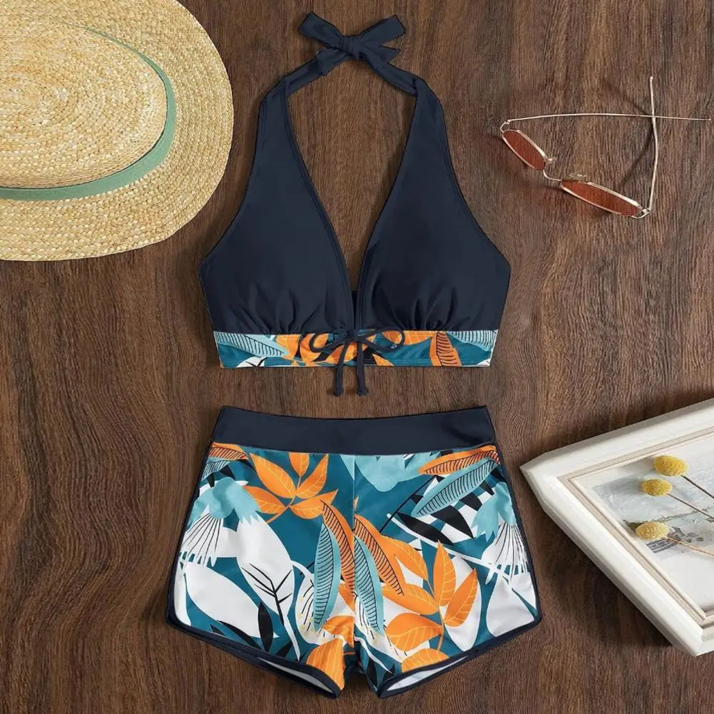 Conjunto de Bikini elástico con estilo, sujetador con cuello colgante, pantalones cortos de cintura alta, ropa de playa, 2 unidades