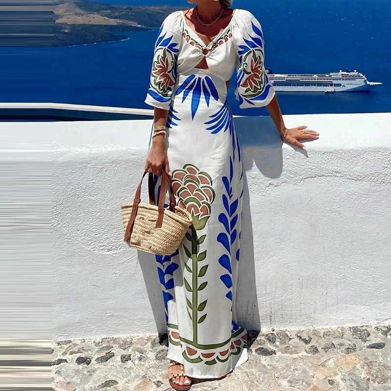 Vestido de fiesta bohe elegante con espalda descubierta y cordones para mujer, vestido playero calado con estampado de moda, vestido largo Sexy con cuello en V y cintura para vacaciones
