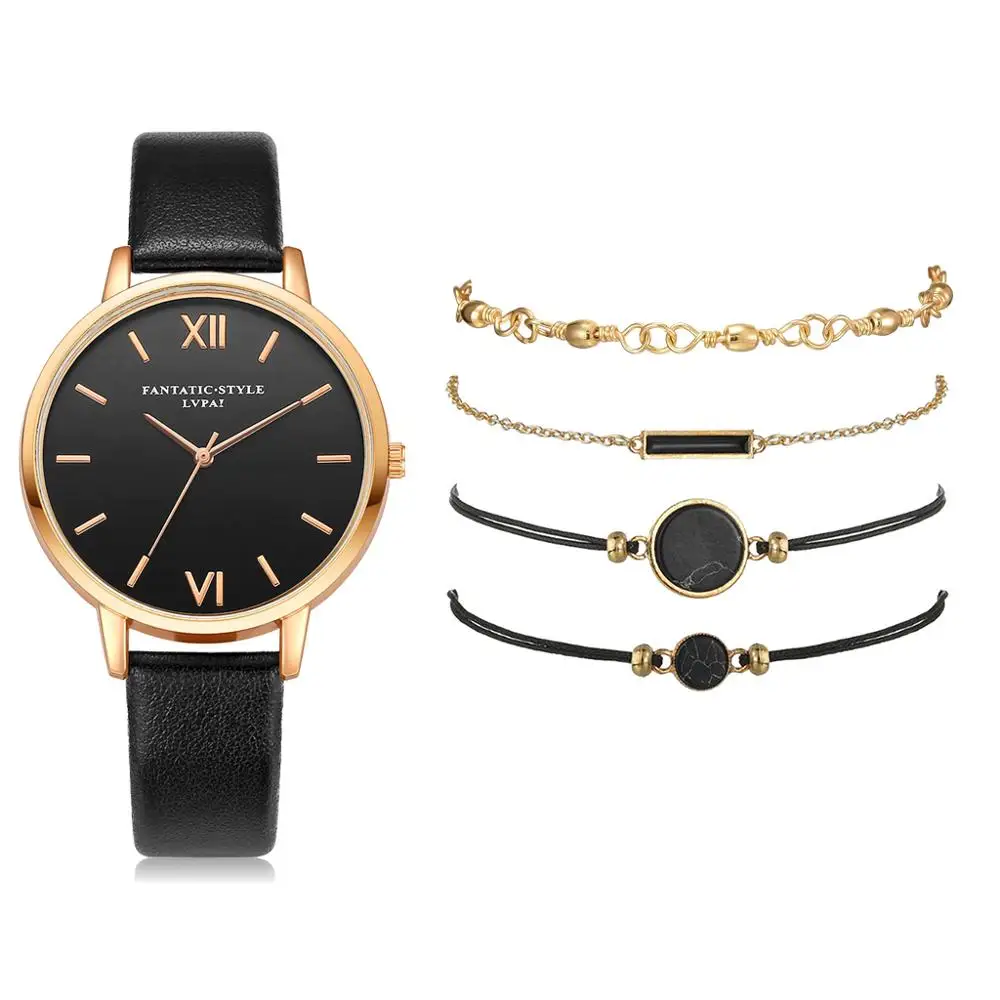 Reloj de pulsera de cuero para mujer, conjunto de 5 piezas, de cuarzo, de lujo, informal, regalo para novia