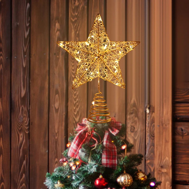 LED Gold Eisen Stern Licht Weihnachts baum Topper Dekorationen für Zuhause Glitter Weihnachts baum Ornamente Neujahr Geschenk Noel Navidad