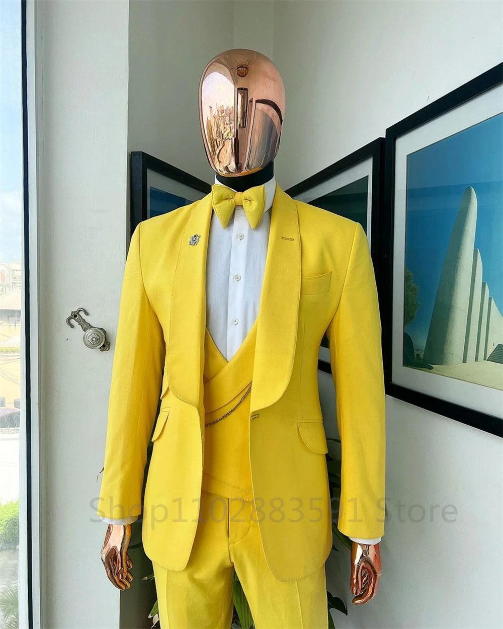 Fashion Male Suit Slim Fit Yellow Shawl Lapel Elegant Formal 3 Pieces Best Man Wedding Tuxedo (Blazer+Vest+Pants) Costume Homme