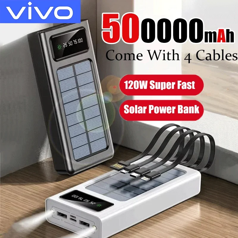 VIVO Solar Power Bank 500000mAh Mobile Large Capacity Power Fast Charging Battery With Dual USB 4 Cables For iPhone Samsung 2026