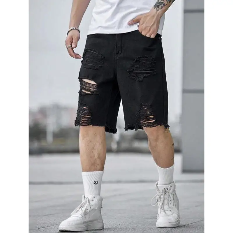 

Men's Loose Fit Color Denim orts Ripped Vintage Sle Ciwalk Nine Points Pants Fiber Micro Stretch