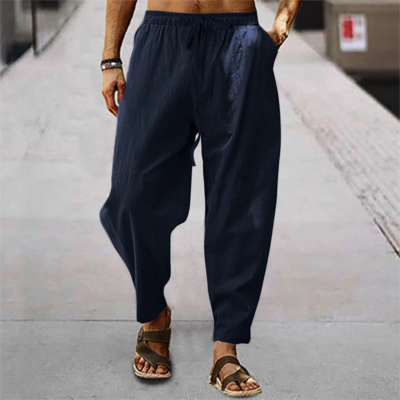 2023 Spring Summer Men\'s Casual Beach Long Pant Solid Color Loose Drawstring Cotton Linen Trousers Men Leisure Fashion Pants