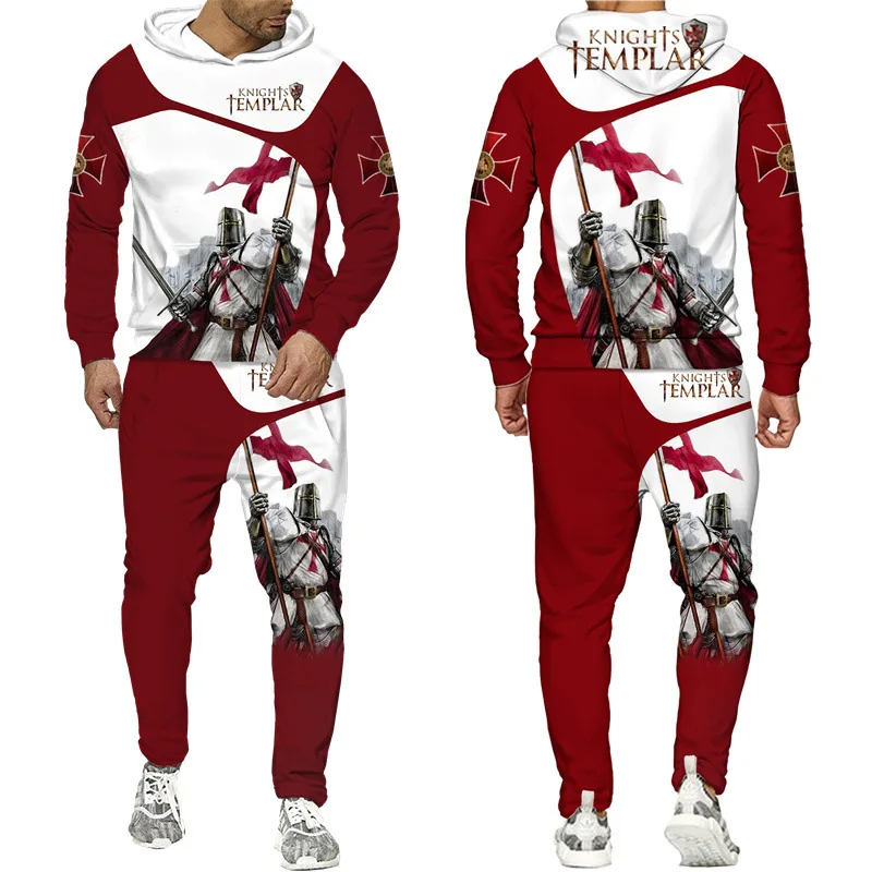 

Men Hoodies Set Heraldic Lion Tattoo Templar Knight Armor Two Piece Set 3D Print Fashion Hoodie Pants Outfit Men's Clothing Suit