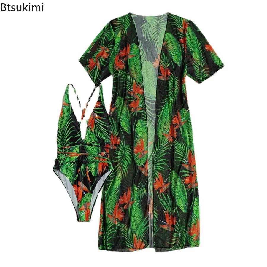 Women's Summer Print Backless Two Piece Bikini Set Women Sexy One Piece Bodysuit&Cover Up Swimsuit Long Sleeve Beachwear Sets