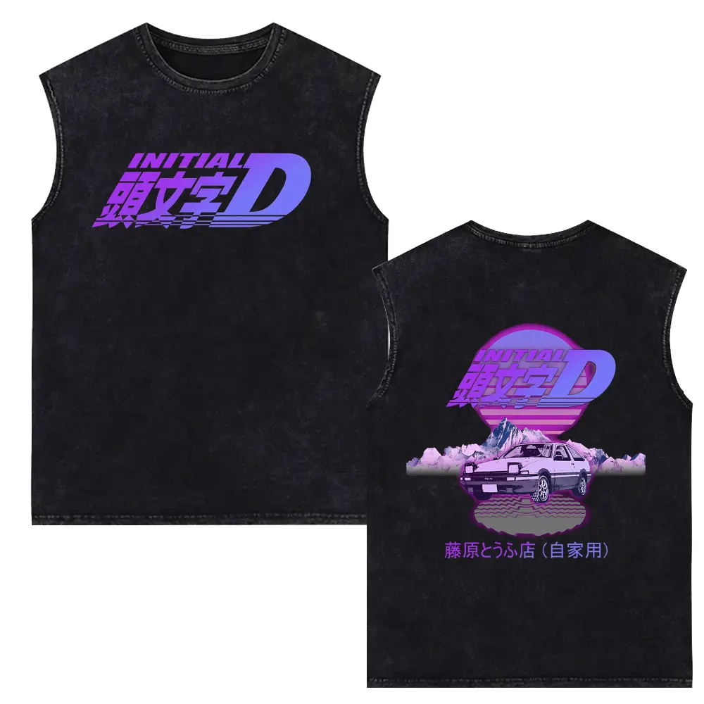 Anime Initial D Takumi Fujiwara Drift AE86 Vintage Washed Tank Tops Men Women Casual Retro Oversized Sleeveless Vest T Shirts