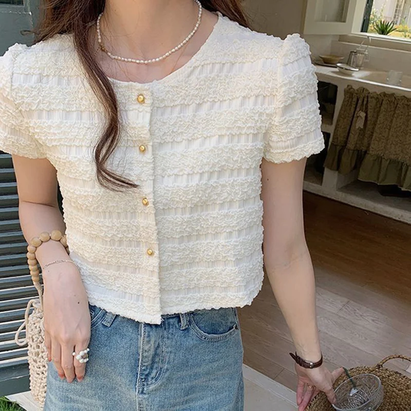 Rimocy Summer Short Sleeve Jacket Women 2024 Chic Round Neck Single Breasted T Shirts Woman Solid Color Simple Cropped Coats