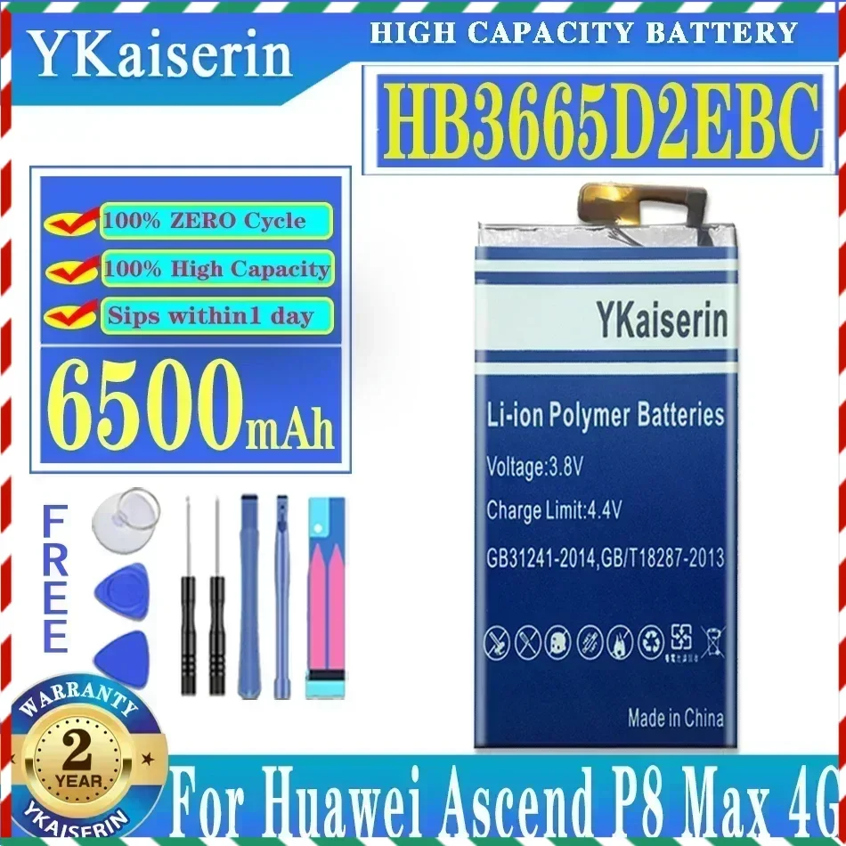 YKaiserin For Hua Wei Replacement Phone Battery HB3665D2EBC For Huawei P8 Max 4G W0E13 T40 P8MAX 6500mAh Batteria + Free Tools