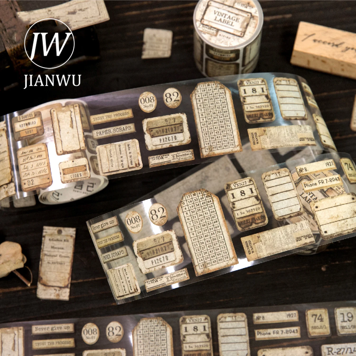 JIANWU Série Rétro Marks – Ruban Washi Créatif pour Journal, Papeterie, Collage et Scrapbooking – Étiquettes Numérotées Vintage et Matériaux Paysagers
