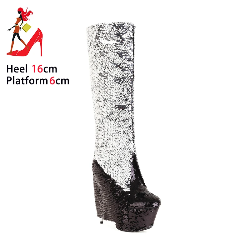 

Thick Platform Long Boots 2023 Autumn Winter Change Color Shoes Women Sequined Stiletto Heels Big Size Knee-High Fold Over Boots