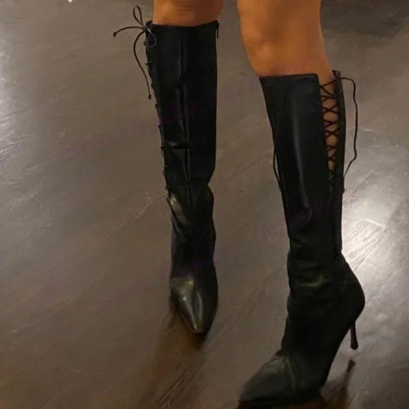 

Black Cross Tied Knee High Boots Matte Leather Pointed Toe Shoes for Women Stilettos High Heels Shoes 2025 Zapatos Para Mujere