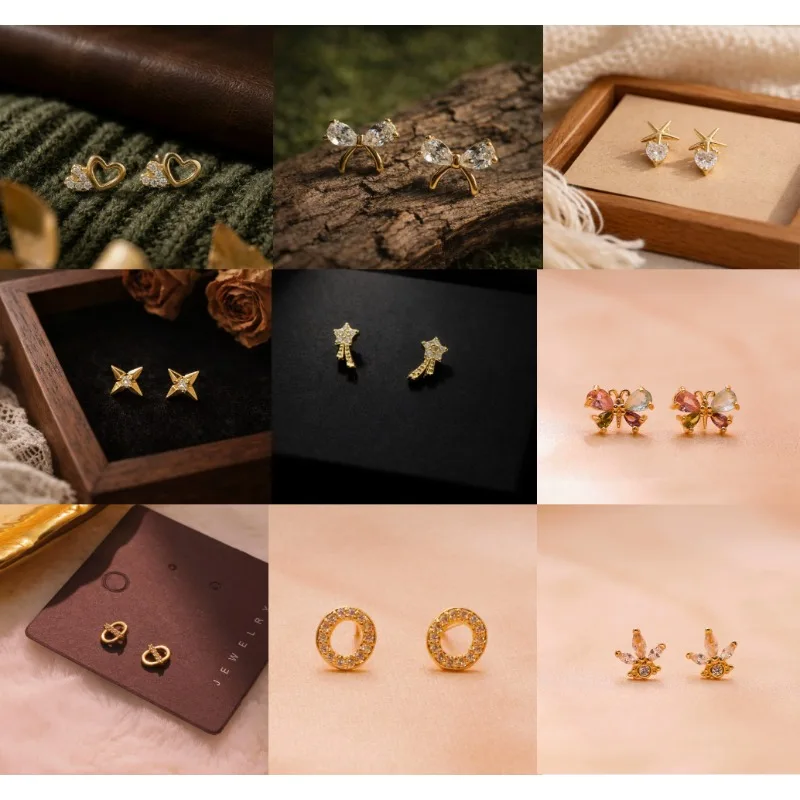 

Assorted Mini Starburst Croissant Bow Starfish Heart Meteor X Flower Donut CZ Earrings For Women Minimalist Daily Gift