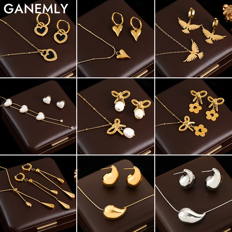 GANEMLY 316L Stainless Steel Heart Pearl Flower Water Drops Necklace Earrings For Women Fashion Waterproof Jewelry Set Lady Gift