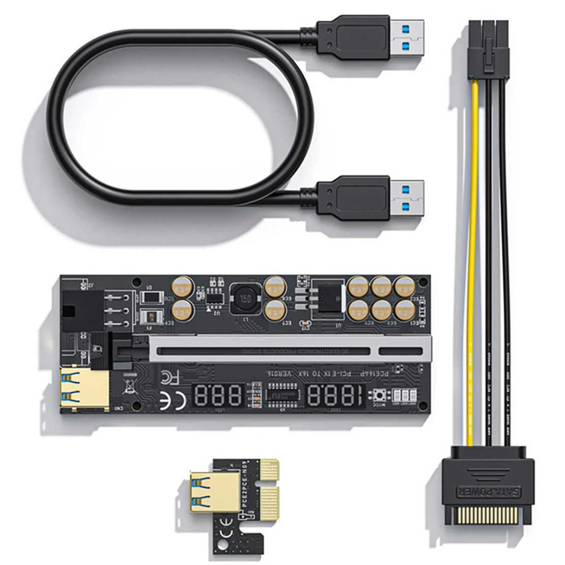 A34M-para BTC Miner VER016 PCI-E 1X a 16X USB3.0 GPU Riser Card con 10 condensadores pantalla de temperatura/voltaje + escudo