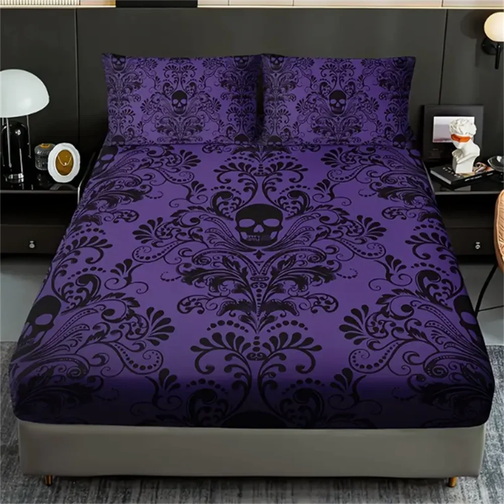 Totenkopf-Blumenmuster 3-teiliges Bettwäsche-Set - 100% Polyester, Digitaldruck, Atmungsaktives Ganzjahres-Spannbettlaken und Kissenbezug-Set – Detail 7