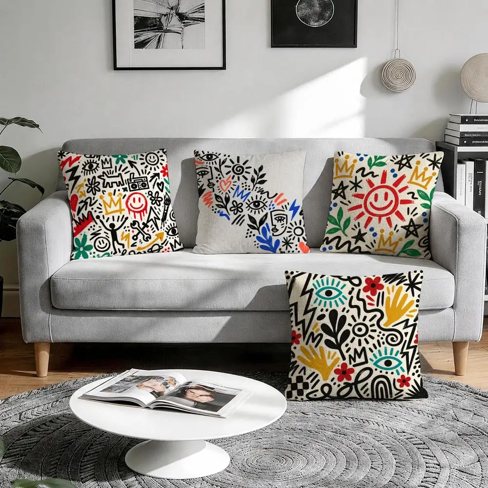 Doodle Symbols Cushion Cover 1/4Pcs Linen Throw Pillow Covers Double-Side Print Sofa Couch Living Room Decor